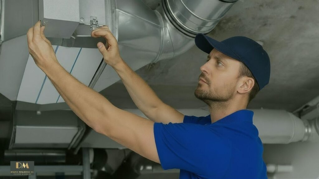 a technician installing sheet metal ductworks
