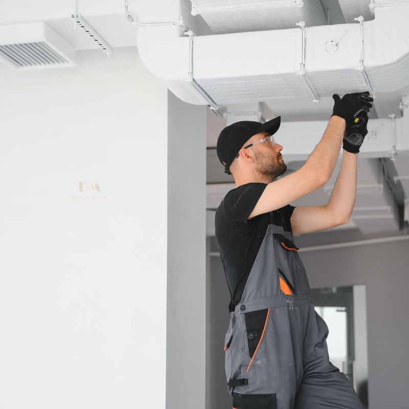 A technician fixing ductwork